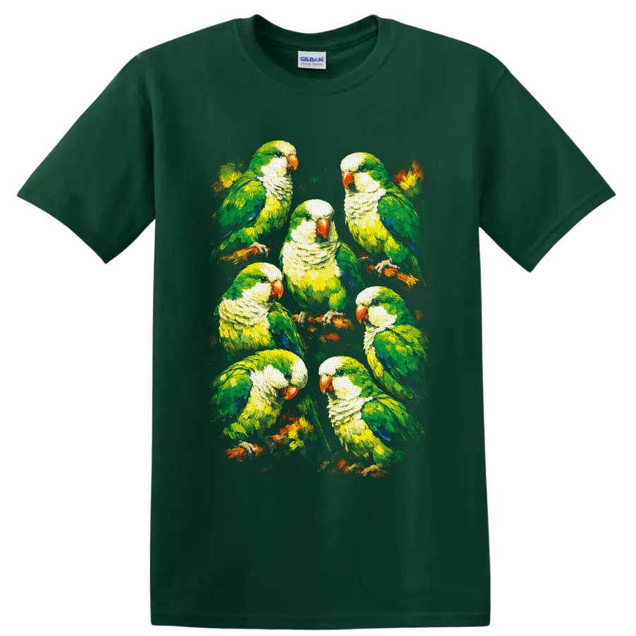 Painterly flock of seven green monk parakeets perched on colorful branches on a Forest Green T Shirt