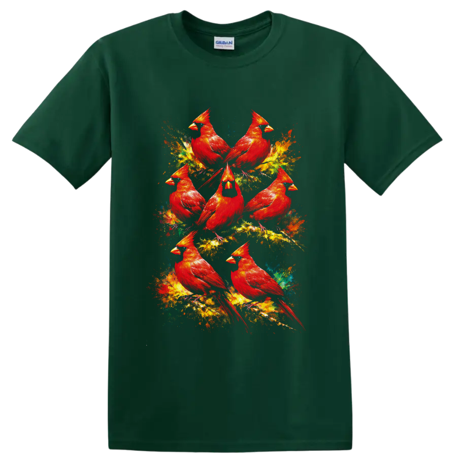 Seven red cardinals in colorful painterly wildlife art with abstract paint splashes on a Forest Green T Shirt
