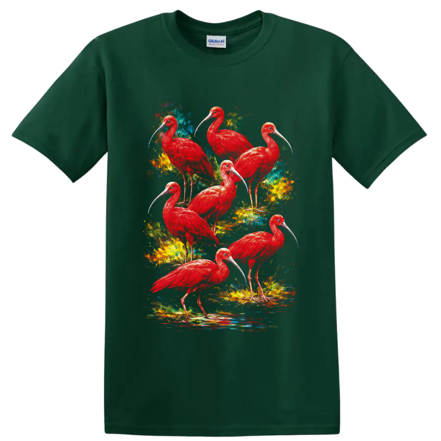 Seven scarlet ibis birds in colorful tropical watercolor splatter art on a Forest Green T Shirt