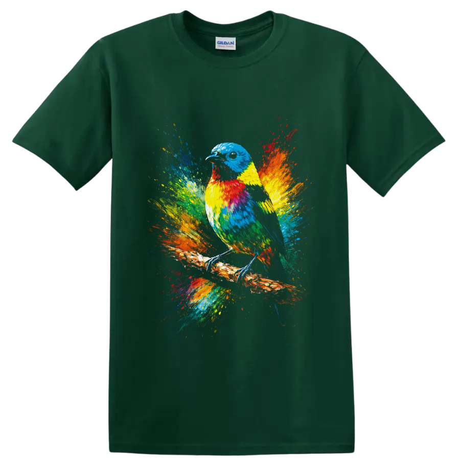 Colorful bird on a branch with vibrant rainbow paint splashes on a Forest Green T Shirt