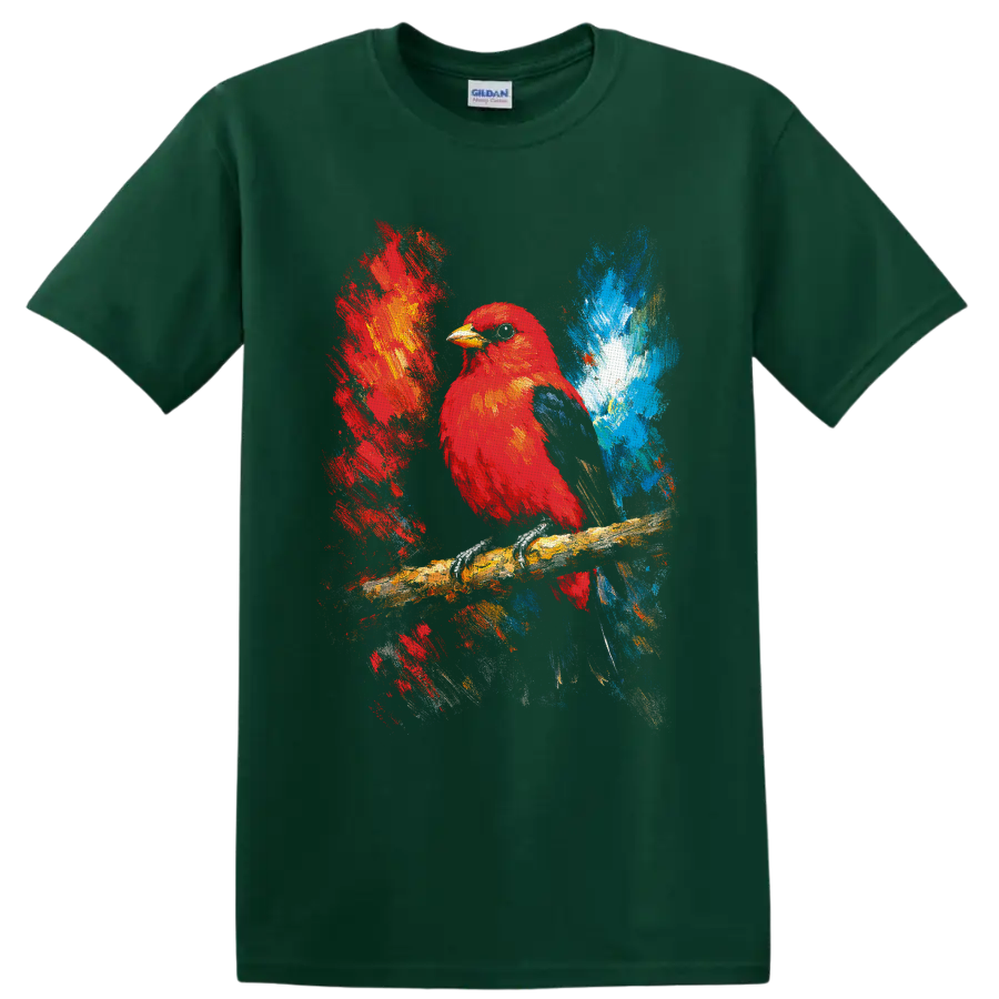 Red cardinal perched on a branch in colorful expressive painterly wildlife art on a Forest Green T Shirt