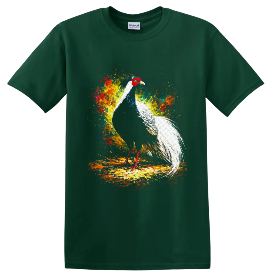 Silver pheasant with long white tail in colorful paint splash wildlife art on a Forest Green T Shirt
