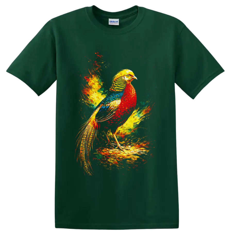 Colorful long-tailed bird in vibrant red, yellow, blue, and green paint splash art on a Forest Green T Shirt