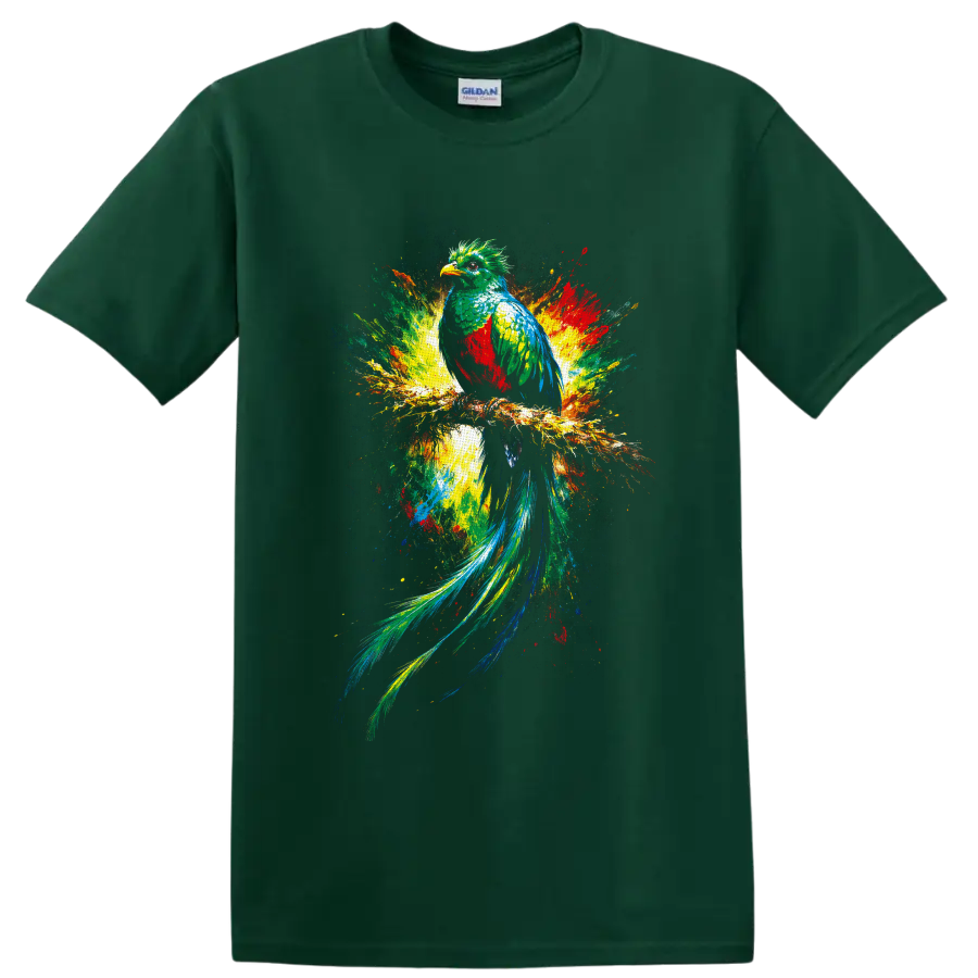 Colorful quetzal bird perched on a branch in vibrant tropical splash-art on a Forest Green T Shirt