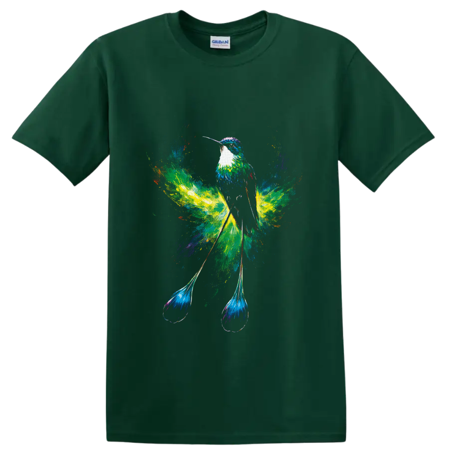 Colorful hummingbird with flowing tail feathers in a vibrant watercolor splash design on a Forest Green T Shirt