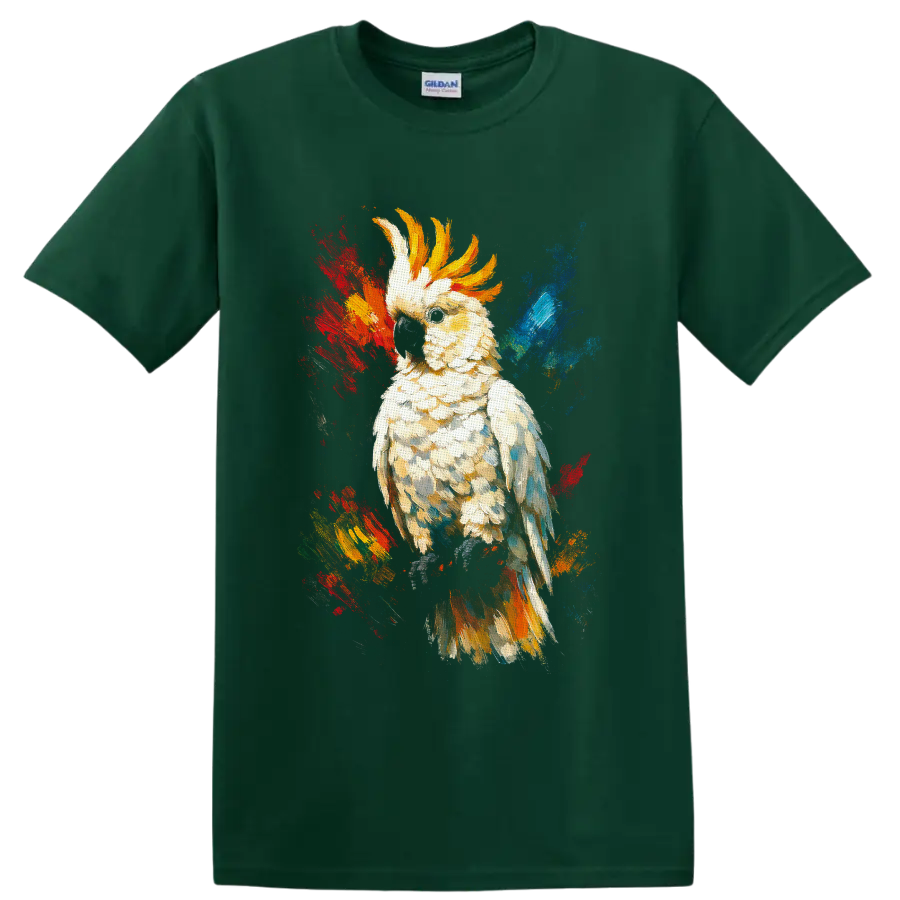 White cockatoo with golden crest in colorful textured watercolor splash art on a Forest Green T Shirt