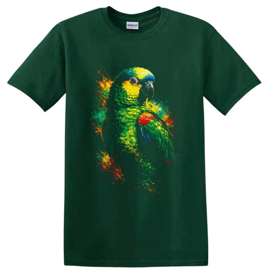 Colorful parrot portrait with tropical paint splashes in a vivid painterly style on a Forest Green T Shirt