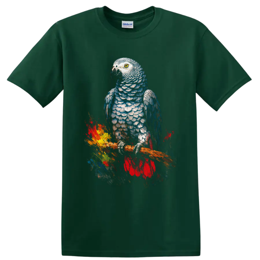 African grey parrot watercolor-style portrait perched on a branch with colorful paint on a Forest Green T Shirt