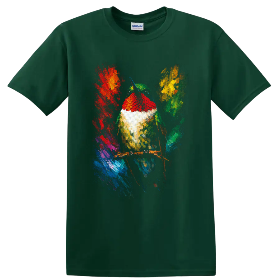 Colorful painterly hummingbird perched on a branch with abstract tropical brushstrokes on a Forest Green T Shirt