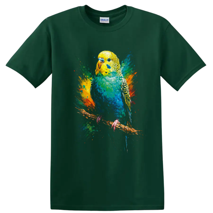 Color splash painting of a yellow and blue budgerigar perched on a branch on a Forest Green T Shirt