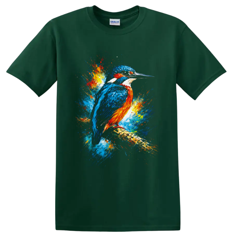 Blue and orange kingfisher perched on a branch in vibrant multicolor splash art on a Forest Green T Shirt