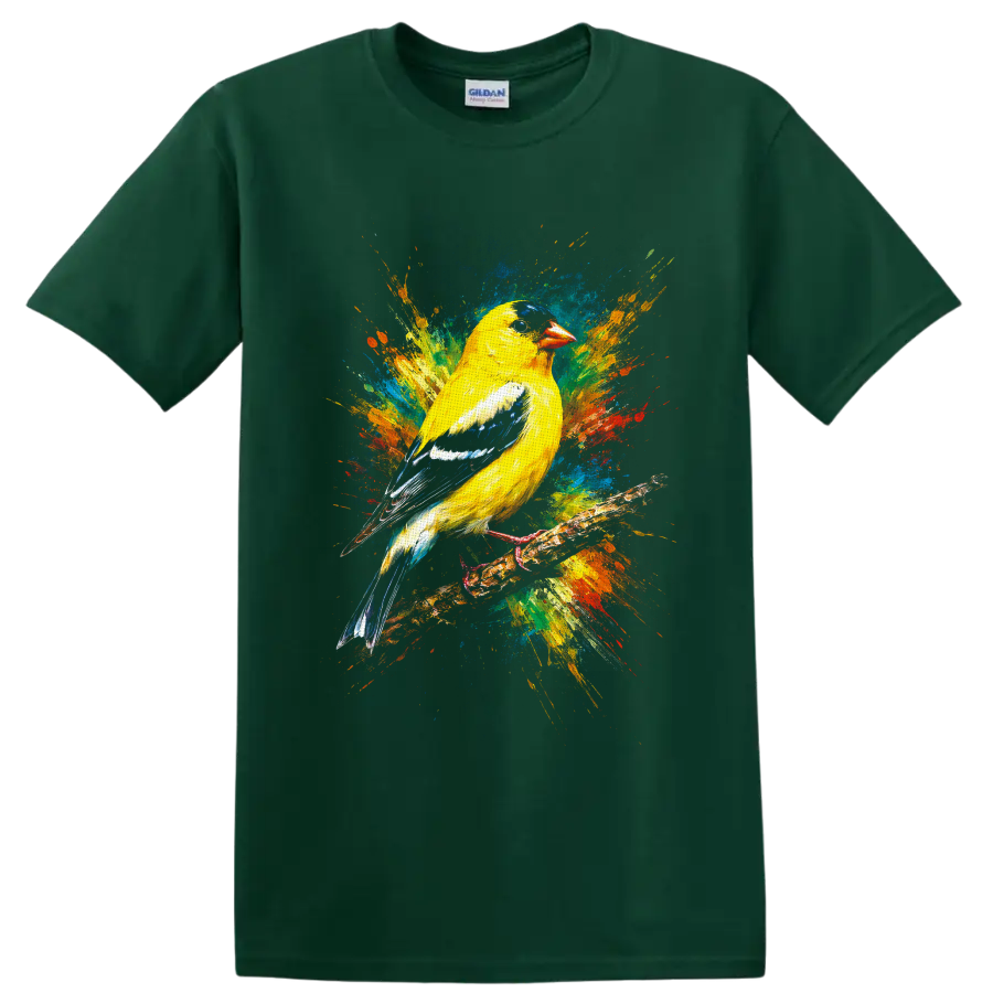 American goldfinch perched on a branch with vibrant abstract paint splashes on a Forest Green T Shirt