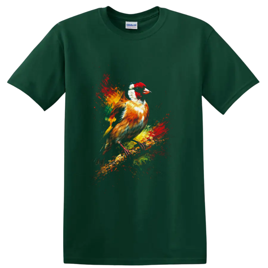 European goldfinch perched on a branch in colorful paint-splash wildlife art on a Forest Green T Shirt
