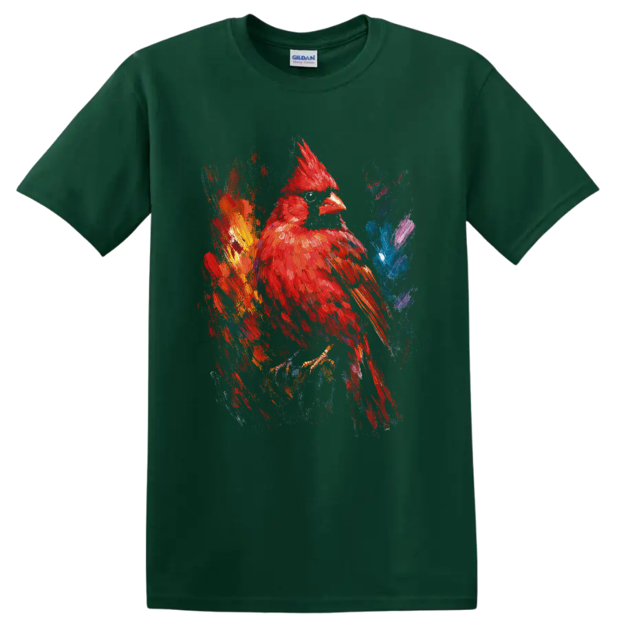 Red cardinal in colorful abstract paint splash wildlife art on a Forest Green T Shirt