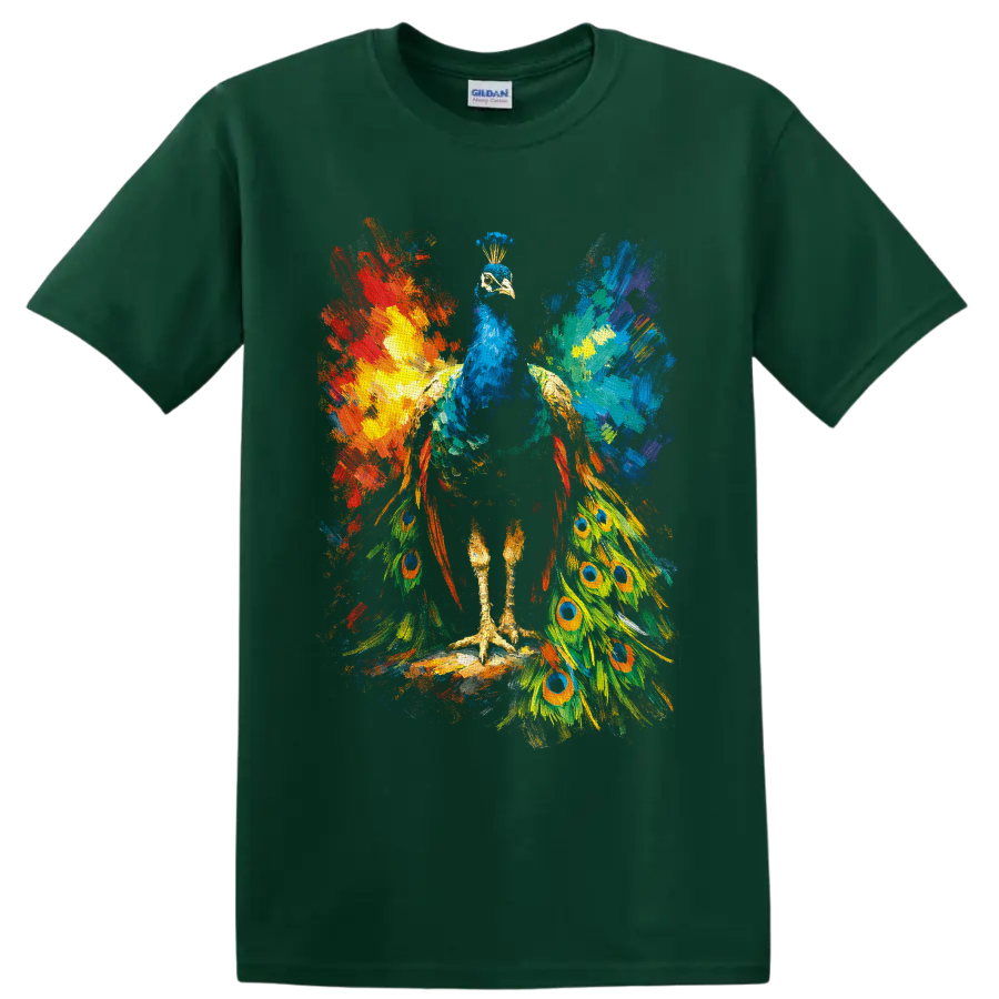 Colorful abstract painterly peacock with blue body and eye-patterned tail feathers on a Forest Green T Shirt