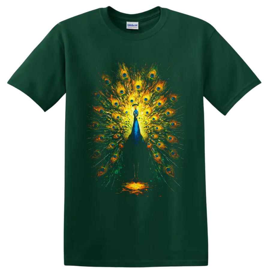 Colorful painterly peacock with a fully spread fan of eye-patterned feathers on a Forest Green T Shirt
