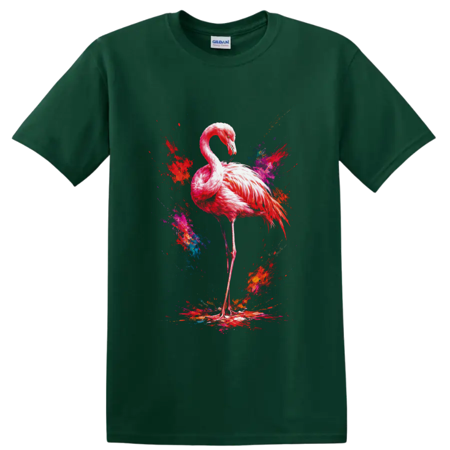 Pink flamingo in vivid abstract paint-splash art on a Forest Green T Shirt