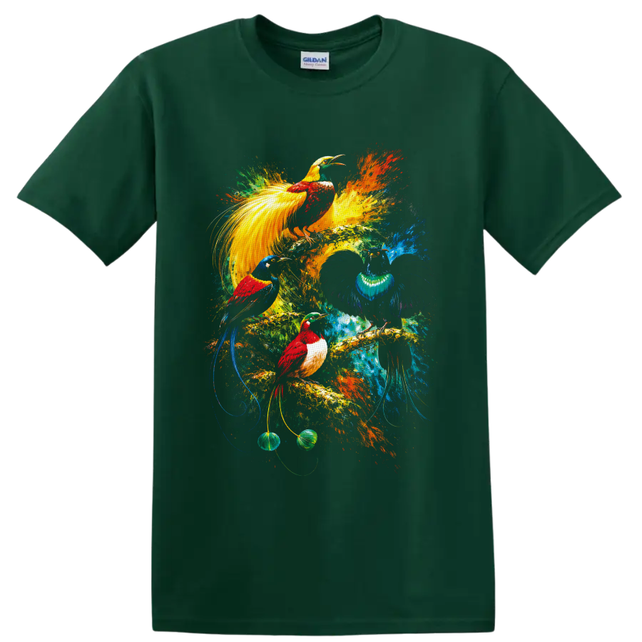 Colorful painterly tropical birds with long tails amid vibrant rainforest splashes on a Forest Green T Shirt