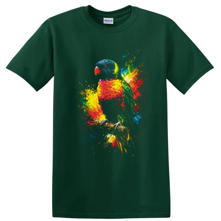 Rainbow lorikeet perched on a branch in vibrant multicolor paint-splash art on a Forest Green T Shirt