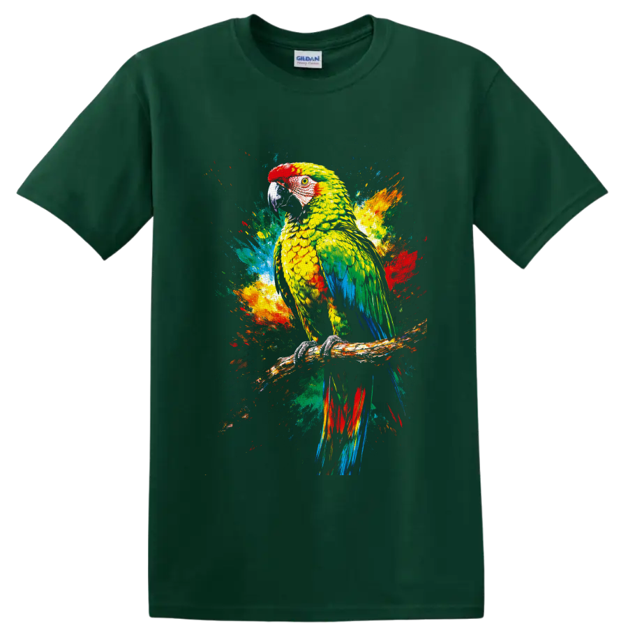 Colorful parrot wildlife art with tropical paint splashes on a branch on a Forest Green T Shirt
