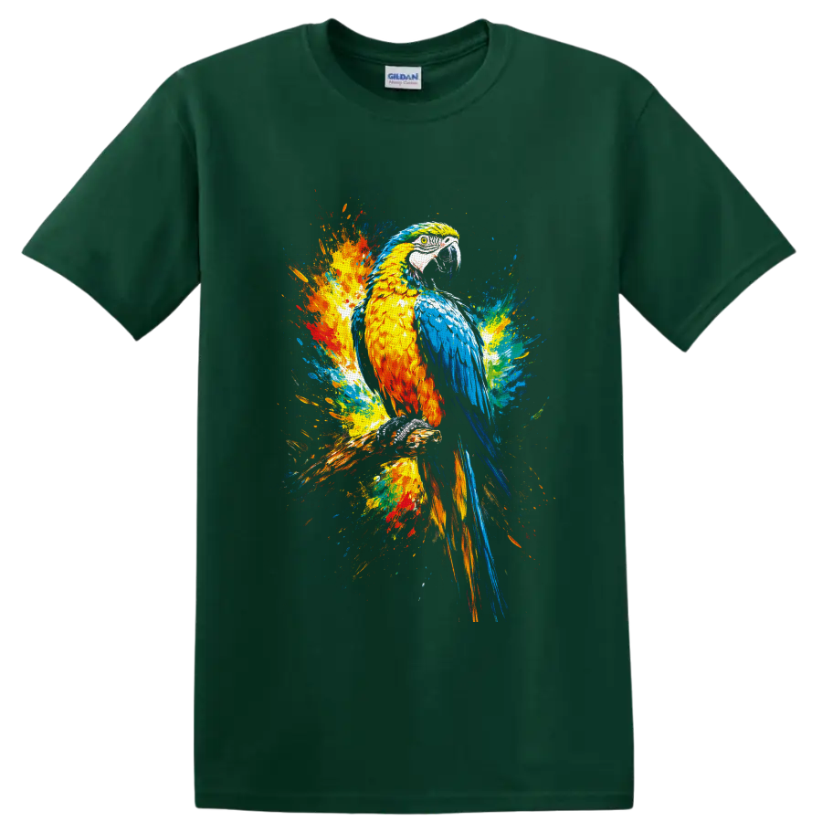 Colorful macaw parrot perched on a branch in vibrant paint splash art on a Forest Green T Shirt