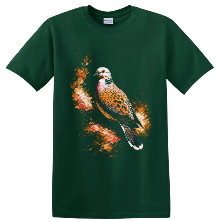 Watercolor turtle dove perched on a textured woodland branch with warm foliage on a Forest Green T Shirt