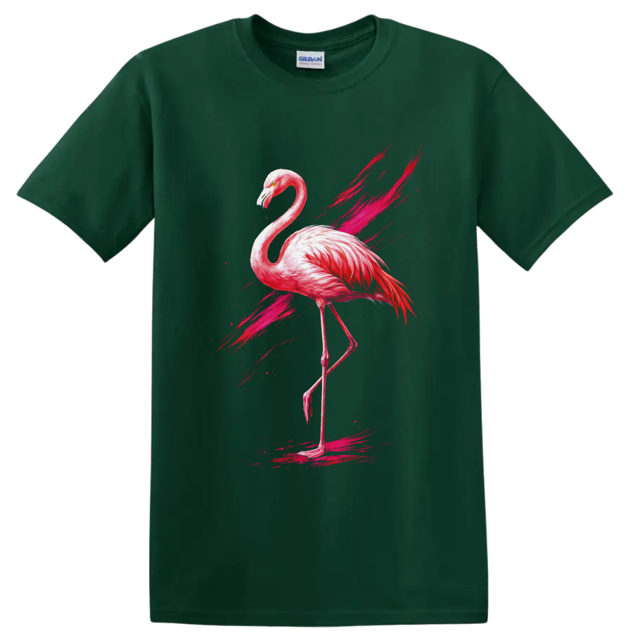 Pink flamingo in watercolor style with fuchsia brushstroke and splatter accents on a Forest Green T Shirt