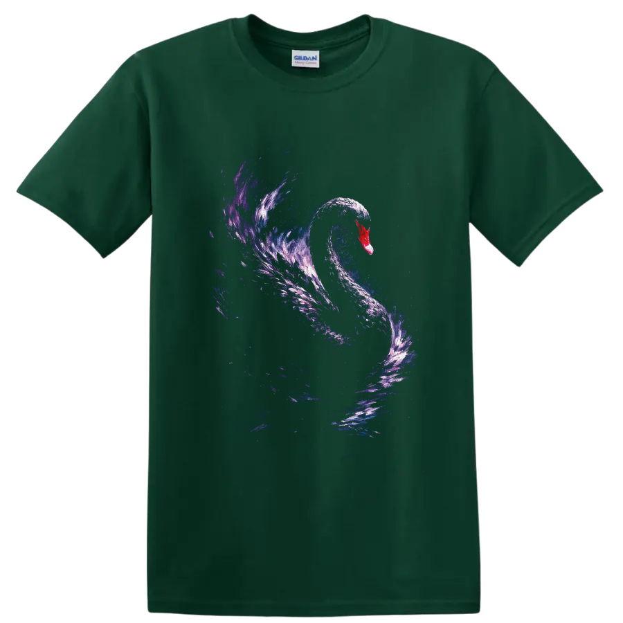 Cosmic watercolor swan with a red bill and flowing blue and purple galaxy brushstrokes on a Forest Green T Shirt