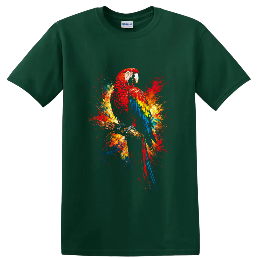 Scarlet macaw perched on a branch with colorful tropical paint-splash art on a Forest Green T Shirt