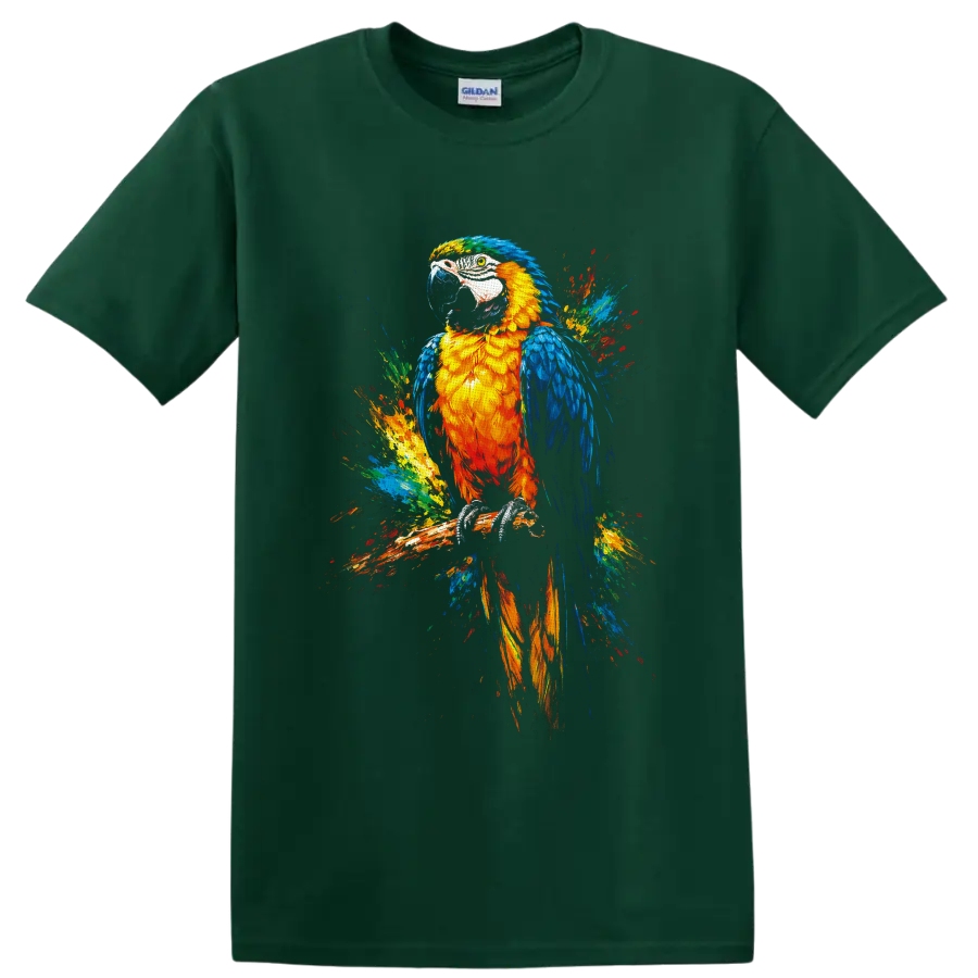 Colorful macaw parrot perched on a branch in vivid tropical paint-splash art on a Forest Green T Shirt