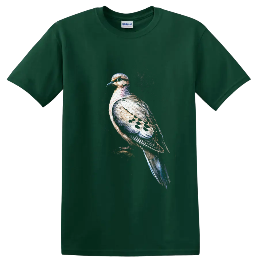 Watercolor-style mourning dove portrait with spotted wings and speckled backdrop on a Forest Green T Shirt