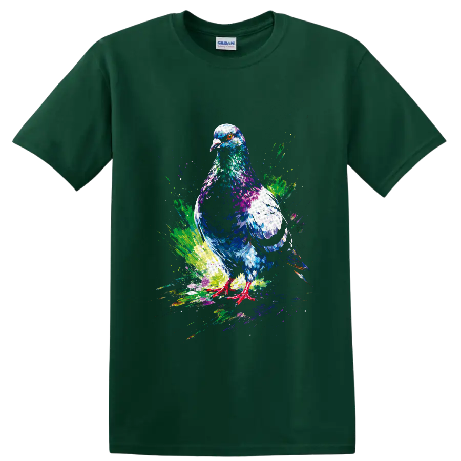 Colorful paint splash pigeon illustration with vivid layered feathers and orange eye on a Forest Green T Shirt