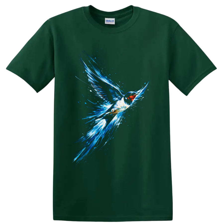 Barn swallow in flight with vivid blue watercolor splashes and a rust-red throat on a Forest Green T Shirt