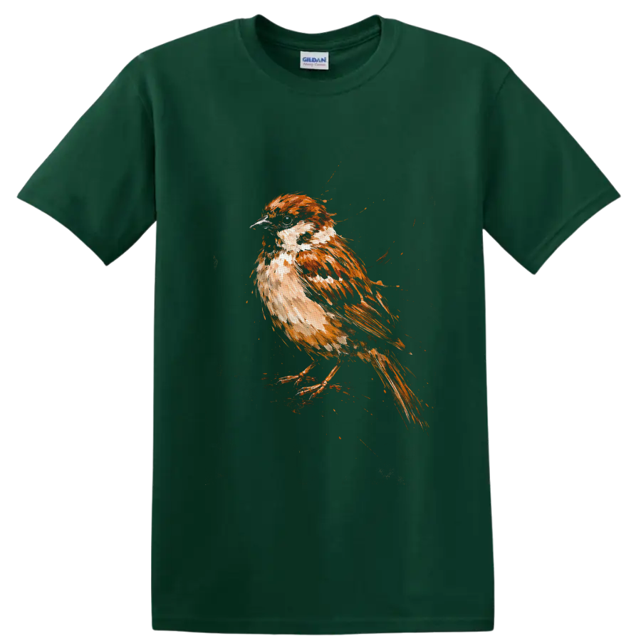 Watercolor-style house sparrow perched in warm brown and cream painterly strokes on a Forest Green T Shirt