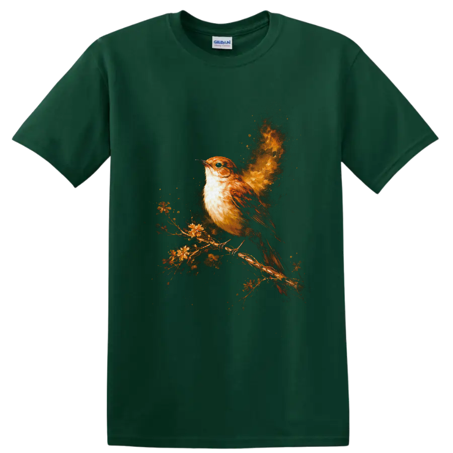 Painterly brown sparrow on a flowering branch with a glowing golden fireburst on a Forest Green T Shirt