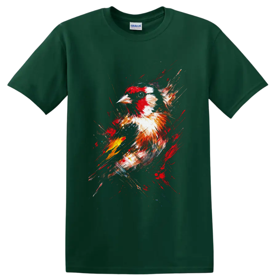 Northern Cardinal portrait in expressive red and white paint-splash wildlife art on a Forest Green T Shirt