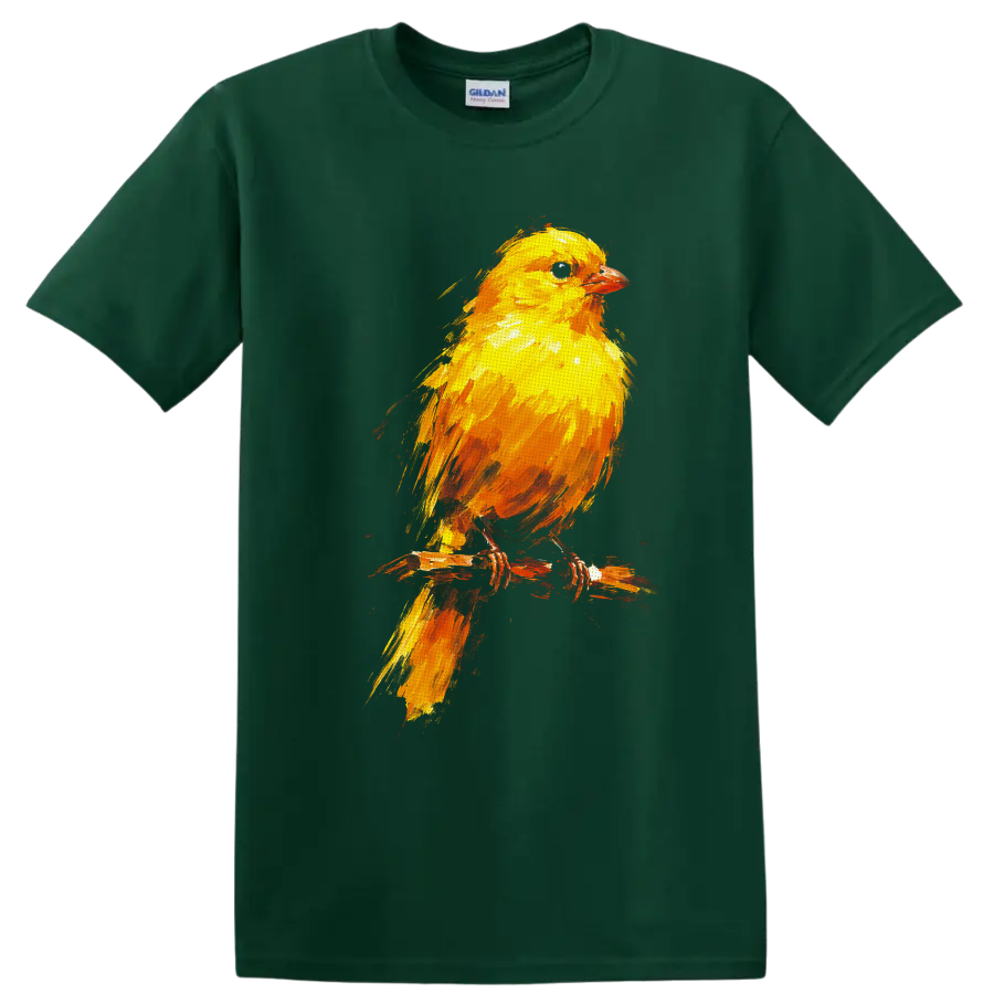 Colorful painted yellow songbird perched on a rustic branch on a Forest Green T Shirt