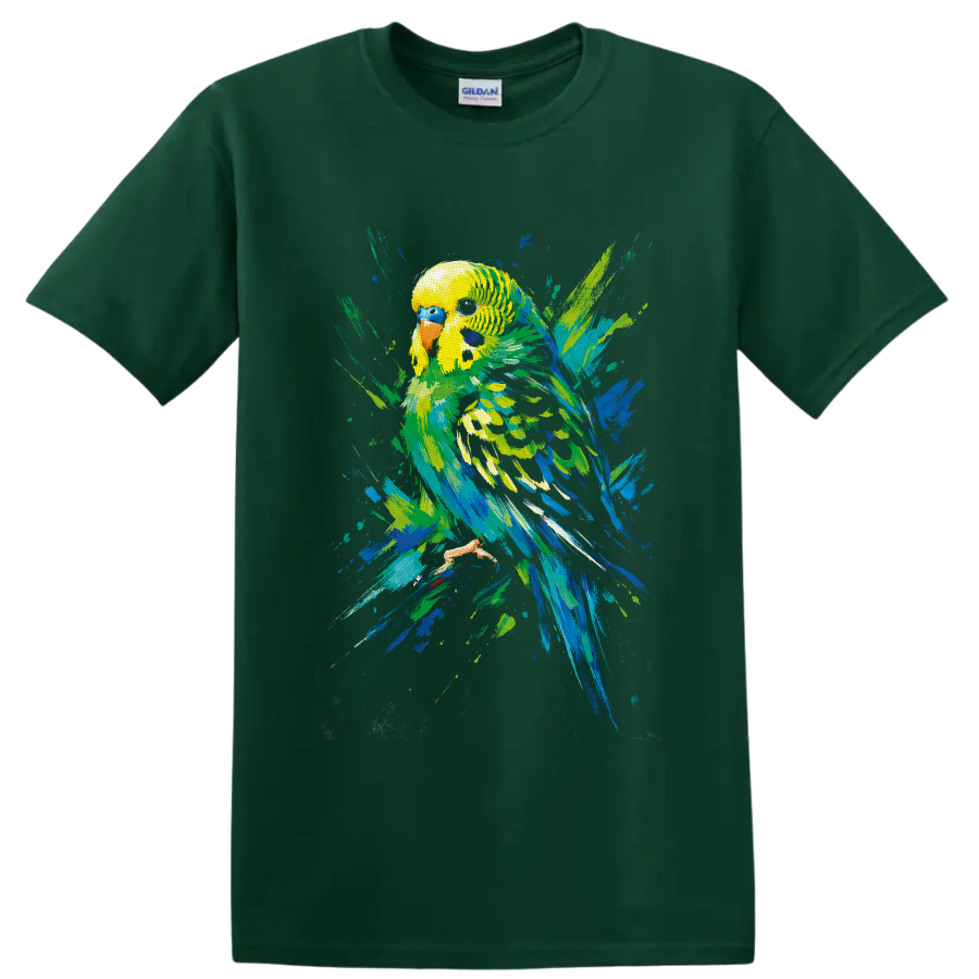 Colorful budgerigar parakeet in expressive blue, green, and yellow brushstroke art on a Forest Green T Shirt