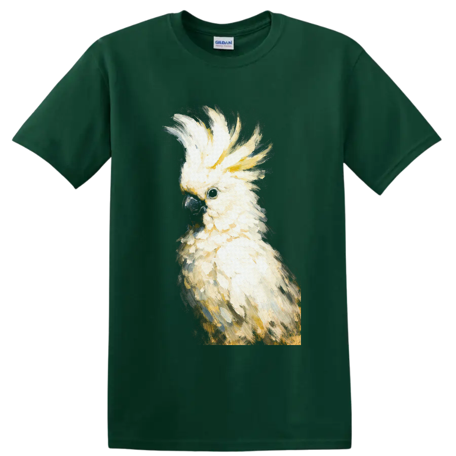 Painterly sulphur-crested cockatoo portrait with raised yellow crest on a Forest Green T Shirt