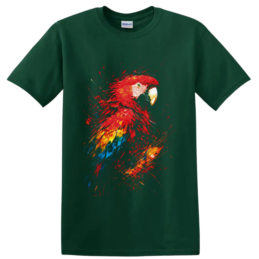 Scarlet Macaw portrait in vibrant red, yellow, blue, and orange paint splash art on a Forest Green T Shirt