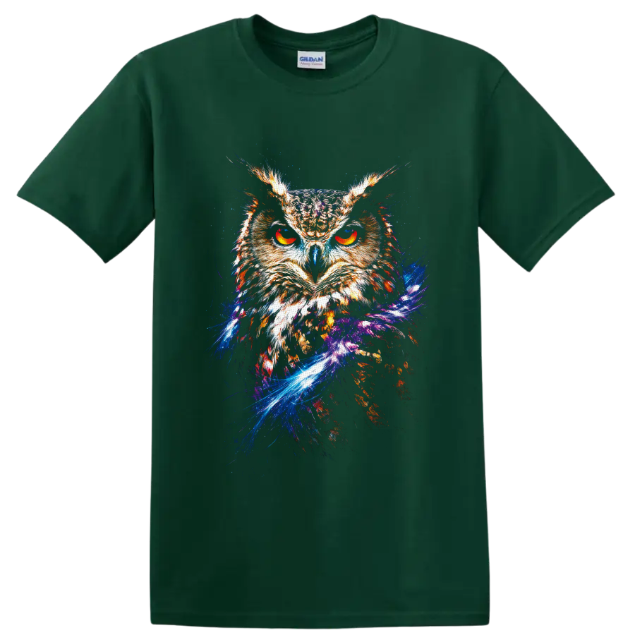 Fiery owl portrait with glowing orange eyes and cosmic galaxy splash artwork on a Forest Green T Shirt