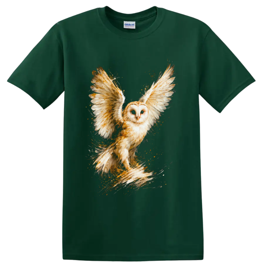 Barn owl in flight with spread wings in golden watercolor wildlife art on a Forest Green T Shirt