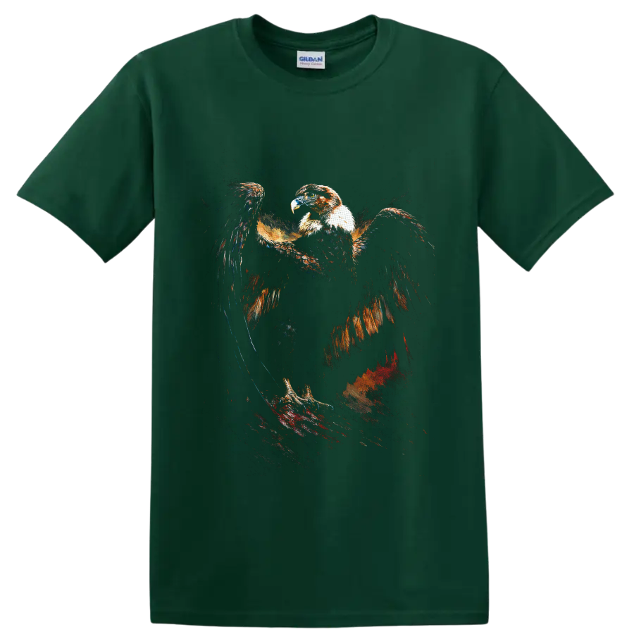 Bald eagle with outstretched wings in distressed patriotic painterly splatter art on a Forest Green T Shirt