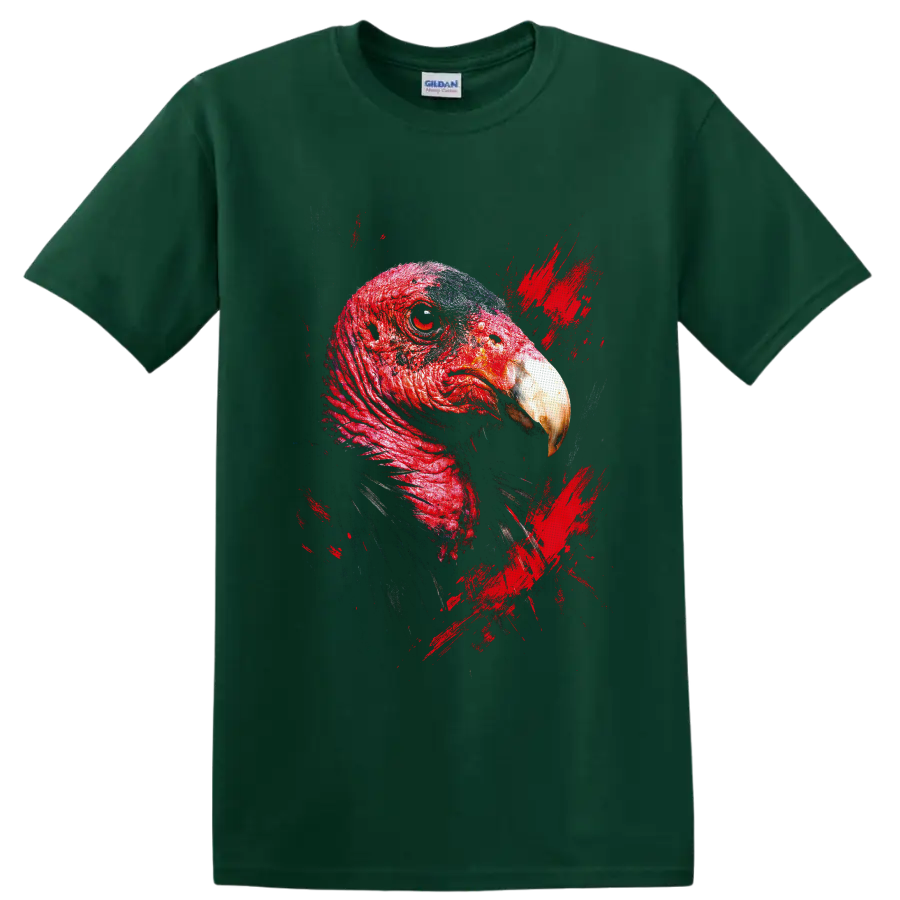 Red turkey bird portrait in detailed grunge style with distressed paint splashes on a Forest Green T Shirt