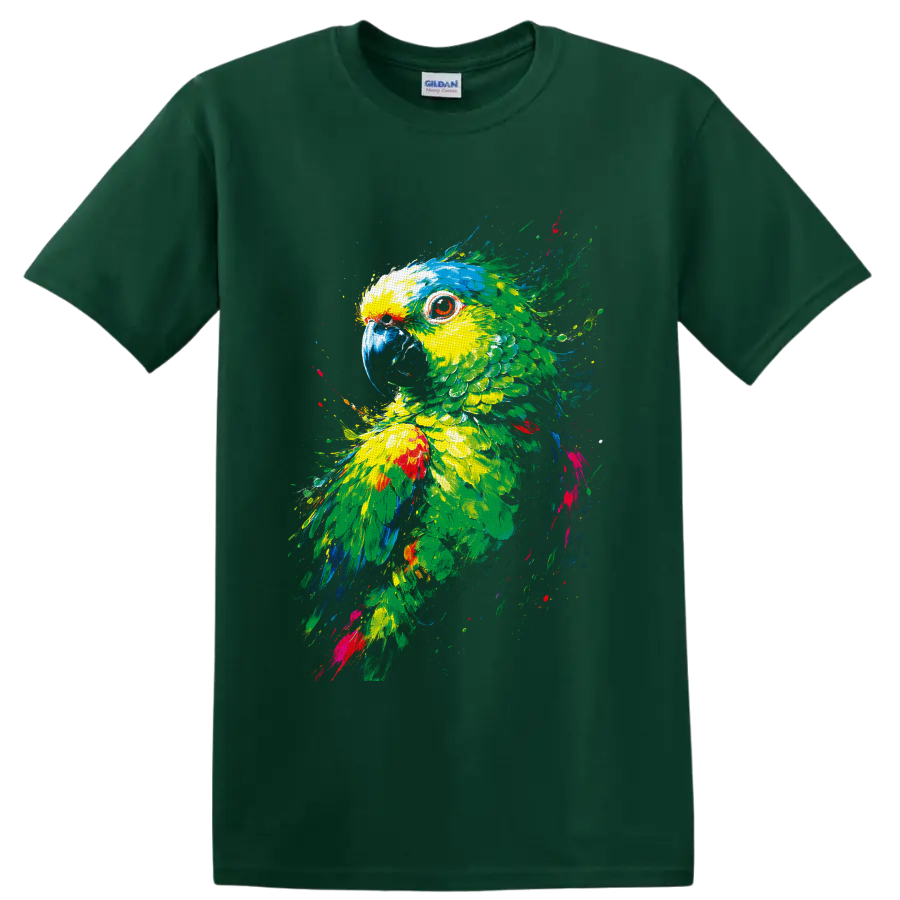 Colorful parrot portrait in vibrant tropical paint splatter art on a Forest Green T Shirt