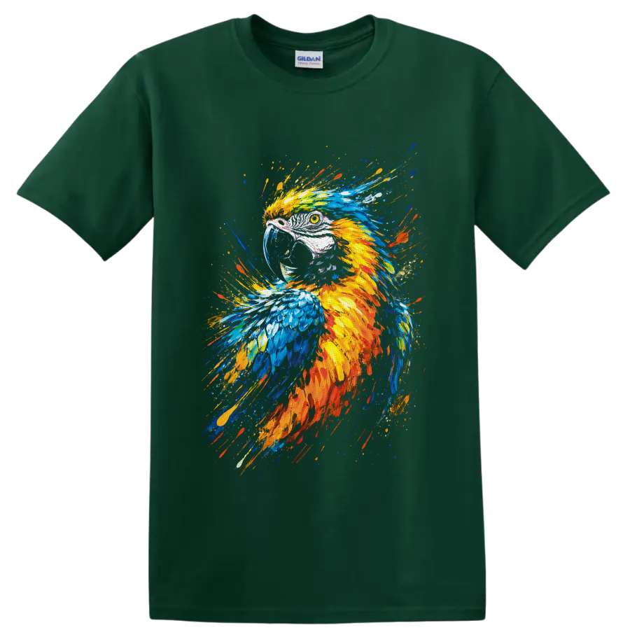 Colorful macaw parrot portrait in vivid blue, yellow, and orange paint-splash art on a Forest Green T Shirt