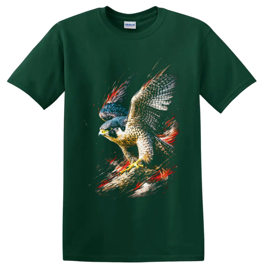 Peregrine falcon on a branch in colorful paint-splash wildlife art on a Forest Green T Shirt