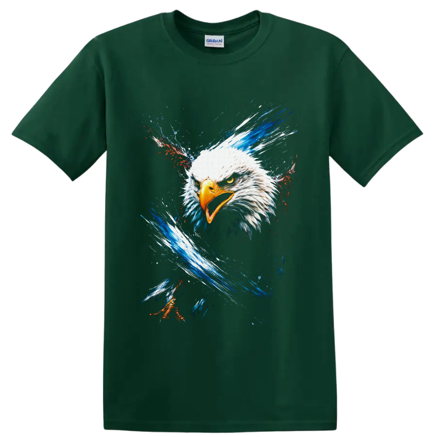 Fierce bald eagle portrait with red, white, and blue splash art on a Forest Green T Shirt