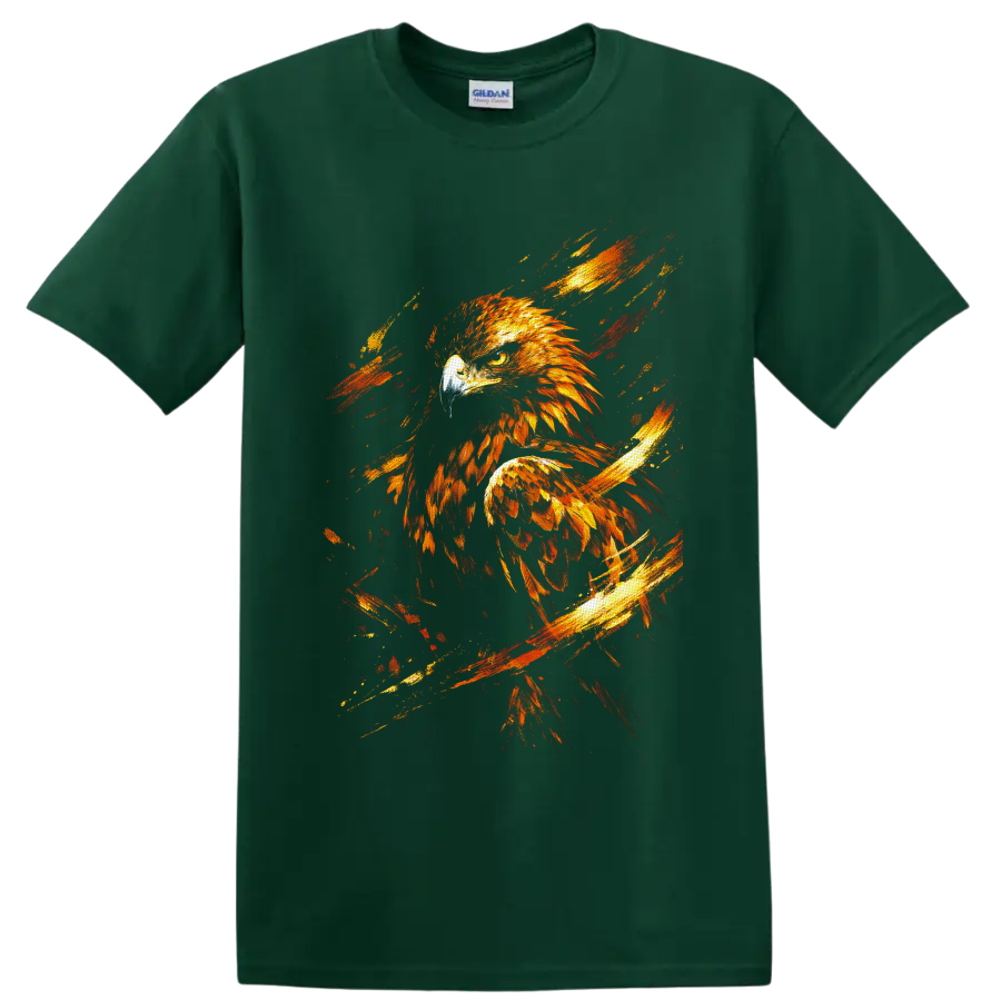 Fiery golden eagle illustration with textured feathers and red-orange brushstrokes on a Forest Green T Shirt