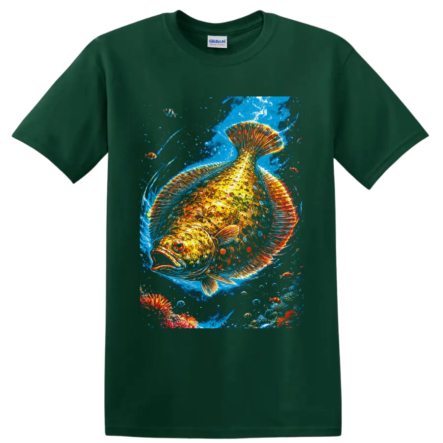 Vibrant tropical fish illustration with fiery fins, blue currents, bubbles, and small fish on a Forest Green T Shirt